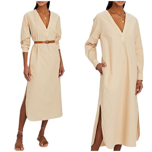 Nili Lotan NWT Raven Cotton Poplin Midi Dress Sand Size S Long Sleeve Pockets - Picture 1 of 13